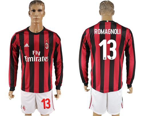 AC Milan #13 Romagnoli Home Long Sleeves Soccer Club Jersey